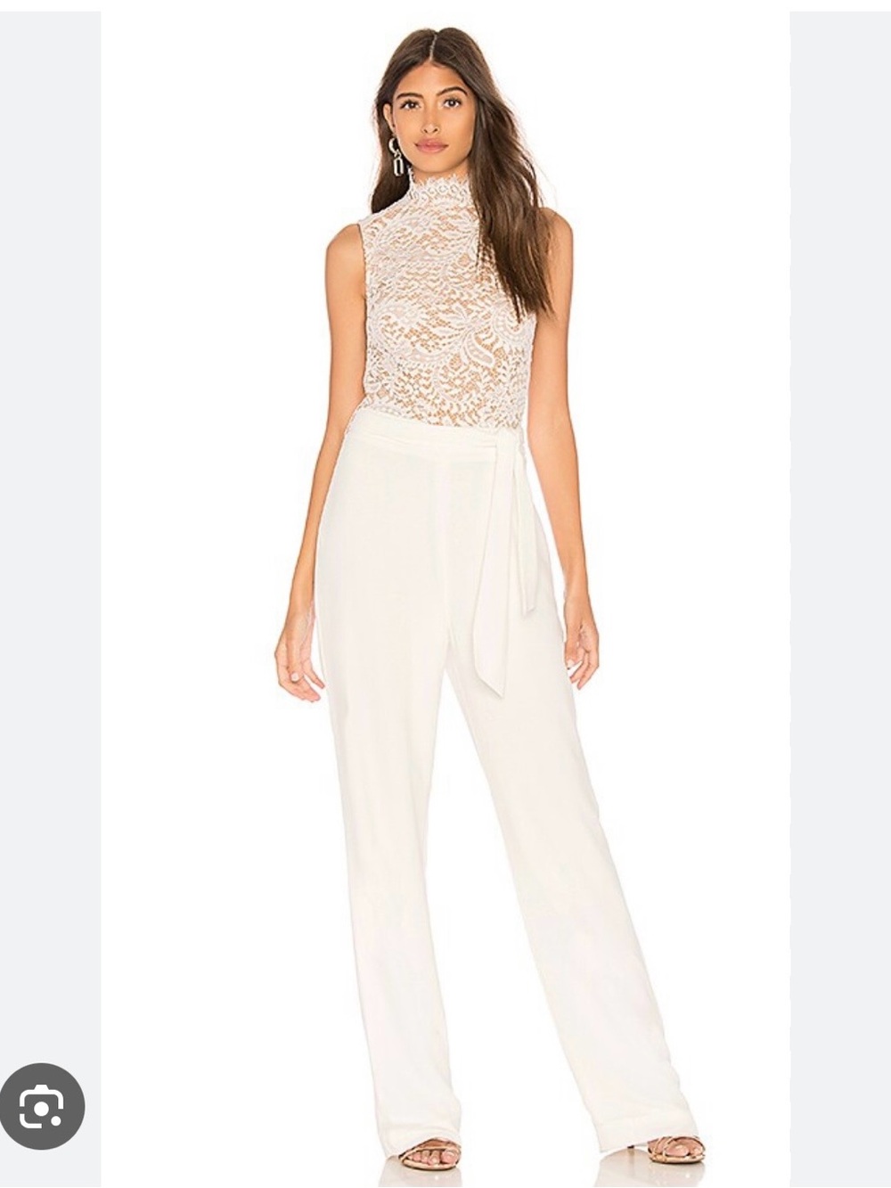 Bridal Sleeveless High-Neck Lace Bodice Cream Jumpsuit with Tie Waist